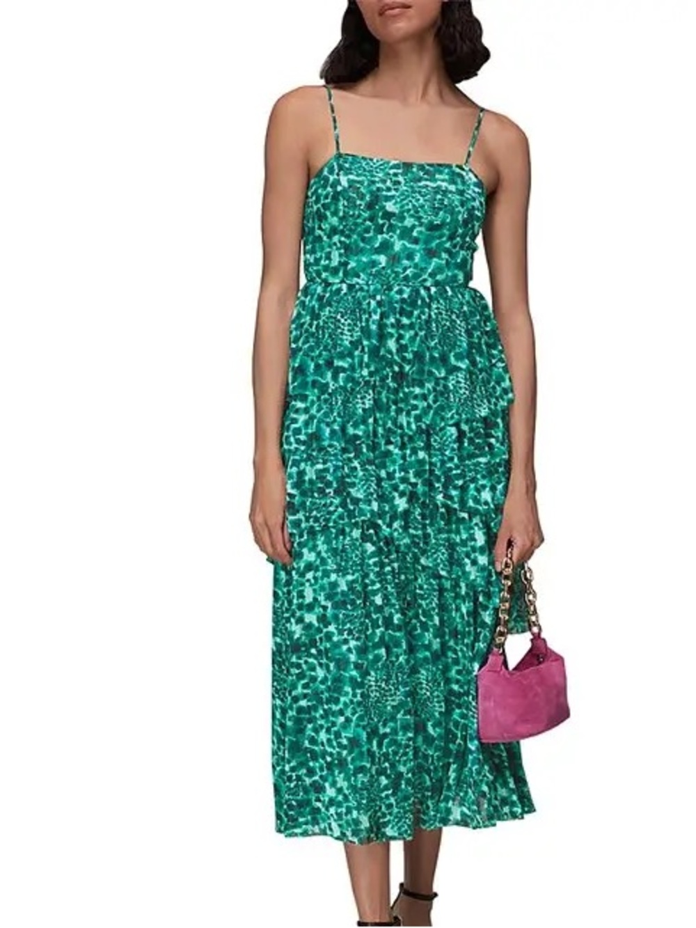 Whistles Sz 8 Watercolour Wildcat Leopard Tiered Green Shimmery Maxi Dress